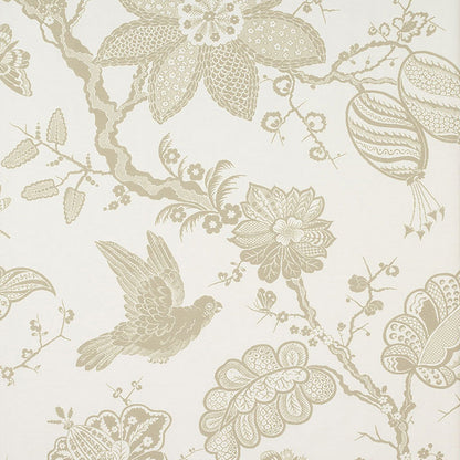 Beige birds & floral pattern on cream background; vintage chinoiserie wallpaper design.