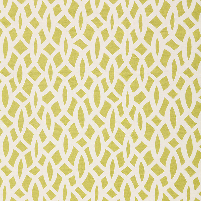 Chartreuse interlocking loop lattice (chain-link) tessera print; geometric pattern for wallpaper or fabric.