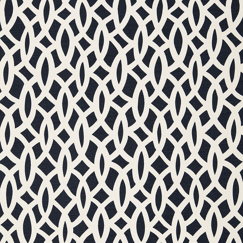 Navy background with cream interlocking oval lattice chain pattern; modern geometric sheer for windows.