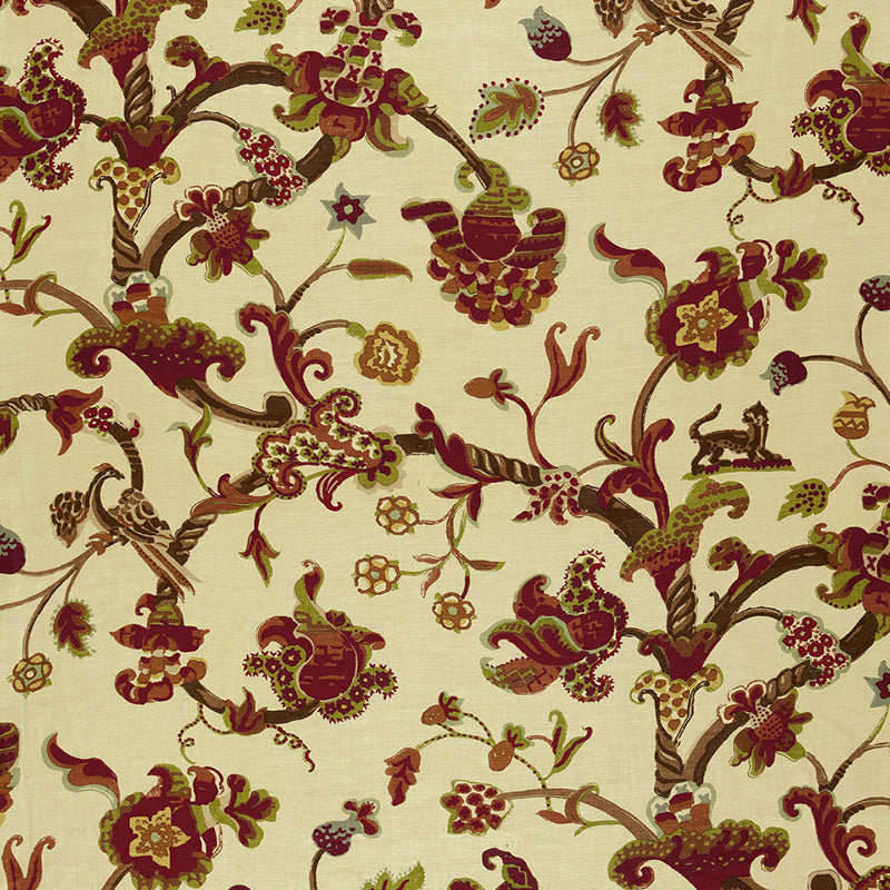 Cream fabric with burgundy, olive and gold damask floral vines; elegant upholstery/drapery print.