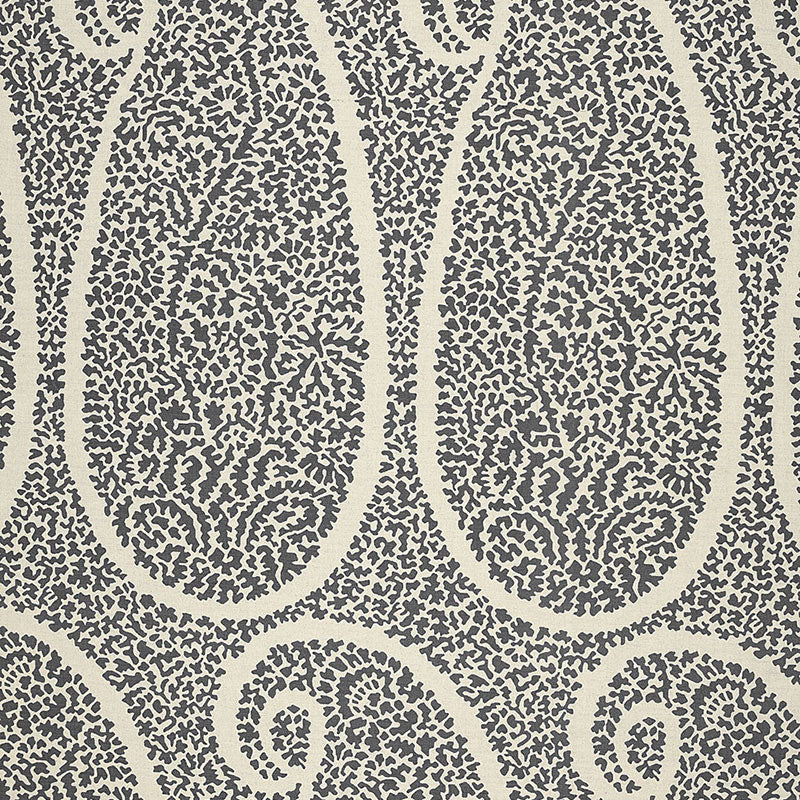 Beige wallpaper with repeating dark gray paisley motifs.