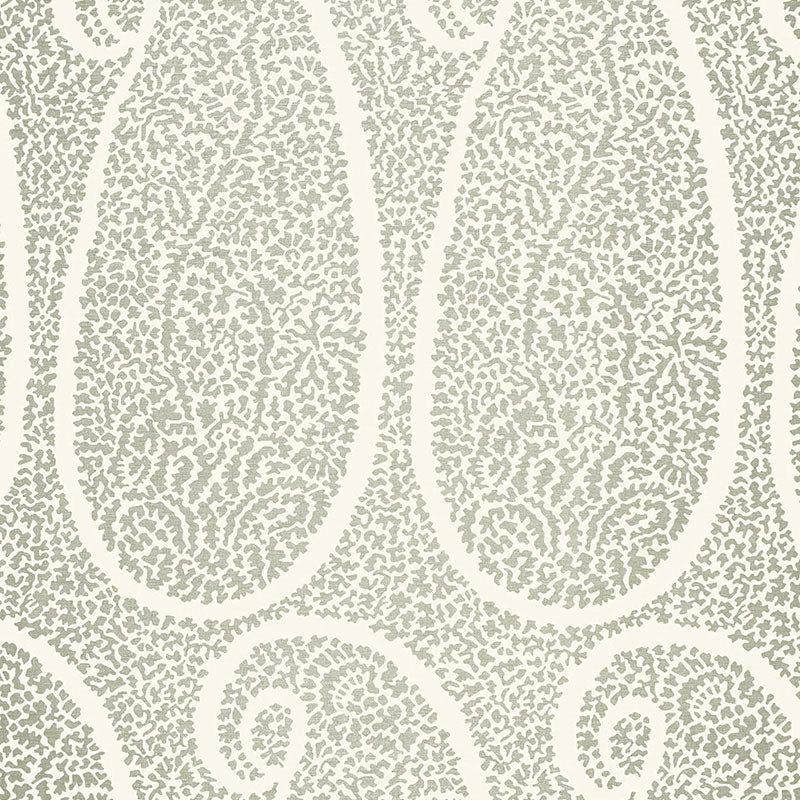 Beige fabric with fog-colored paisley print on ivory background; suitable for upholstery or wallpaper.
