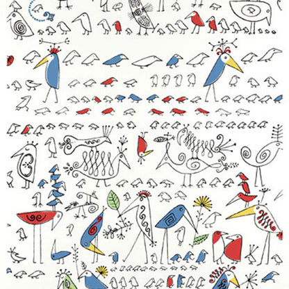 Whimsical hand-drawn bird pattern with blue, red and yellow birds, spirals and doodles in a decorative textile print.