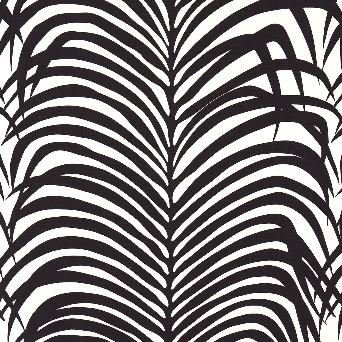 Bold black palm leaf pattern on white background; tropical botanical wallpaper or fabric print.