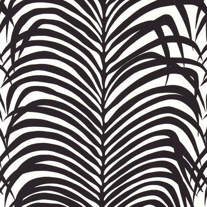 Bold black palm leaf pattern on white background; tropical botanical wallpaper or fabric print.