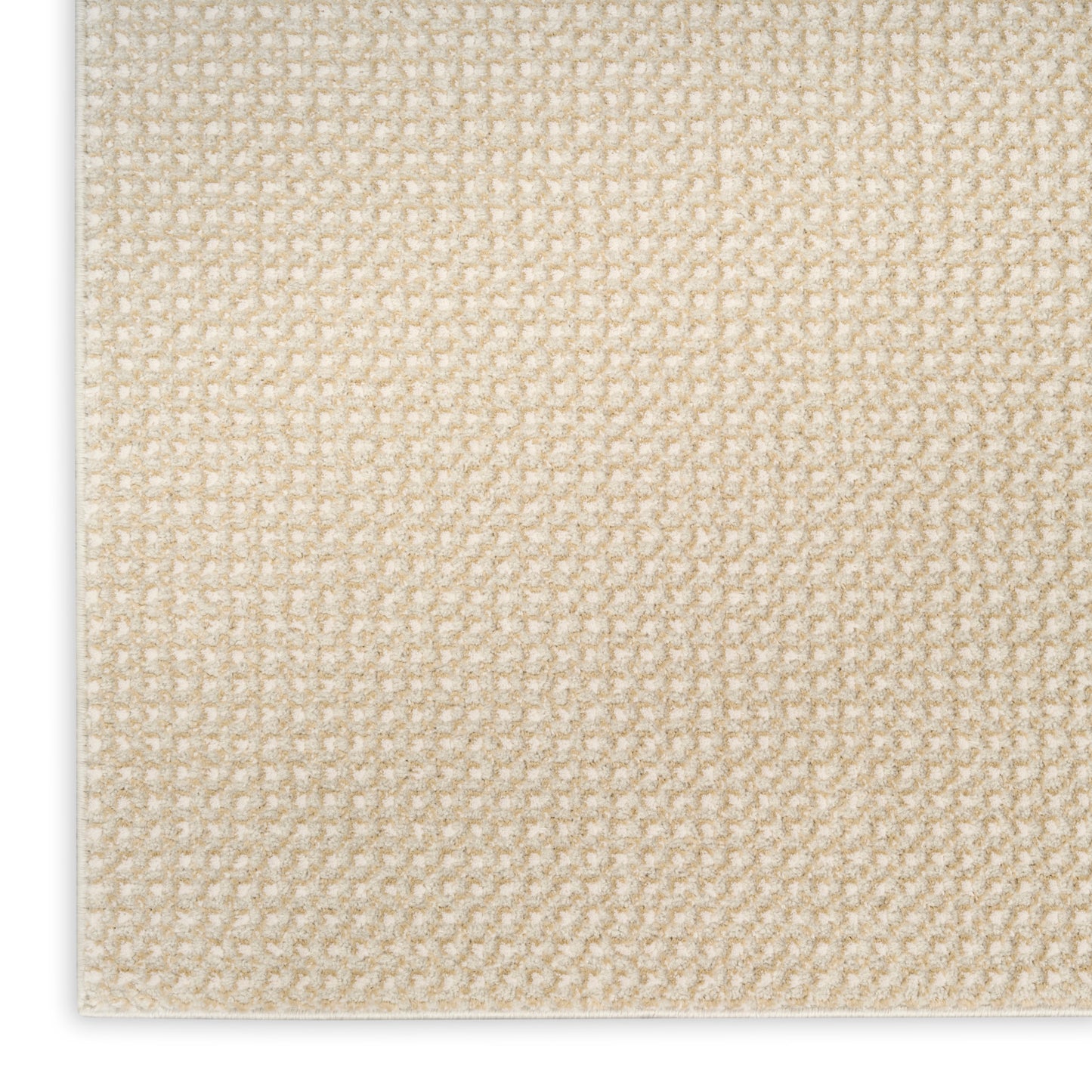 Beige looped woven texture; close-up view of a soft neutral rug sample with tight grid-like pile.