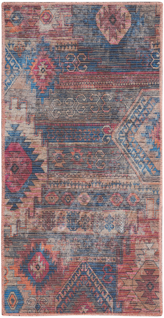 Rectangular colorful vintage kilim rug with patchwork geometric motifs in blue, pink, orange, beige; fringed edges.