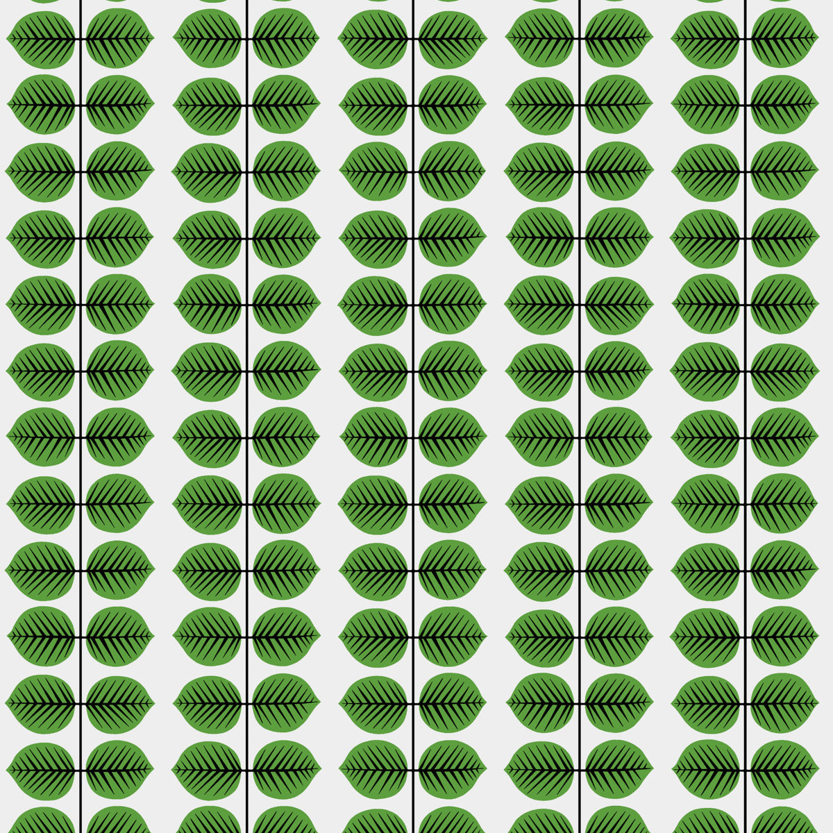Pattern of bright green leaves with dark veins in evenly spaced vertical columns on white background.