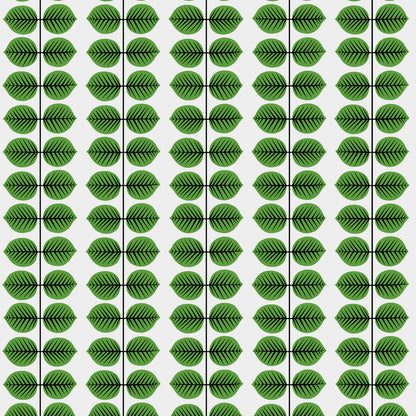 Pattern of bright green leaves with dark veins in evenly spaced vertical columns on white background.