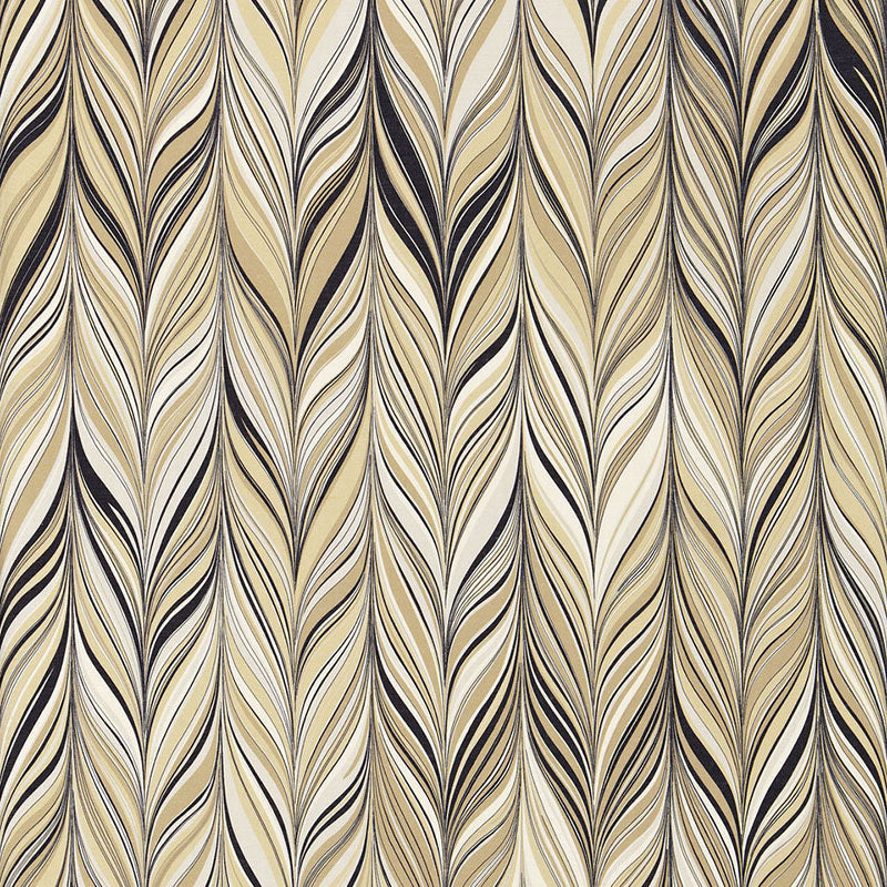 Beige, cream, tan and black leaf-chevron pattern with vertical feather motifs, wallpaper style.