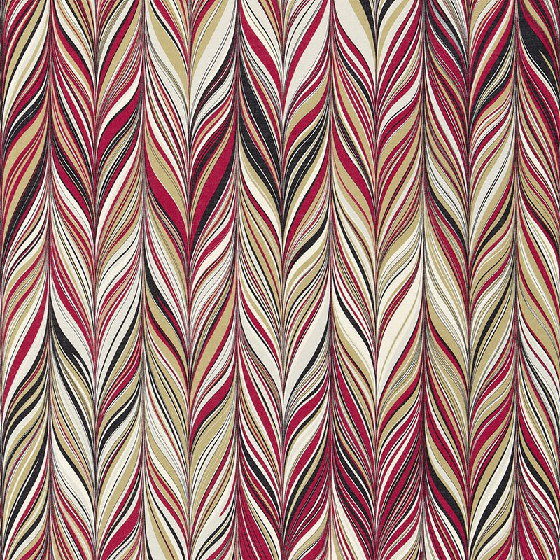 Fabric with vertical feather-like chevron pattern in red, gold, cream, and black.