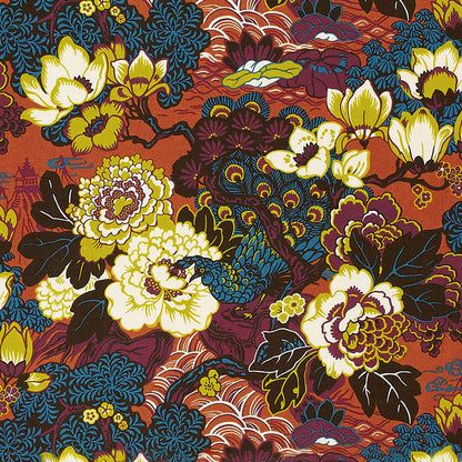 SCHUMACHER FABRIC  PRINT HAPPY SHANGHAI PEACOCK   CINNABAR   - 175132