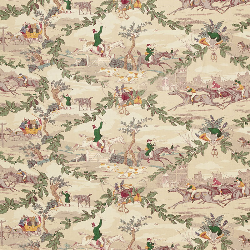 Cream toile fabric with hunting scenes and leafy garlands; horsemen, carriages, and trees in muted greens, reds, yellows.