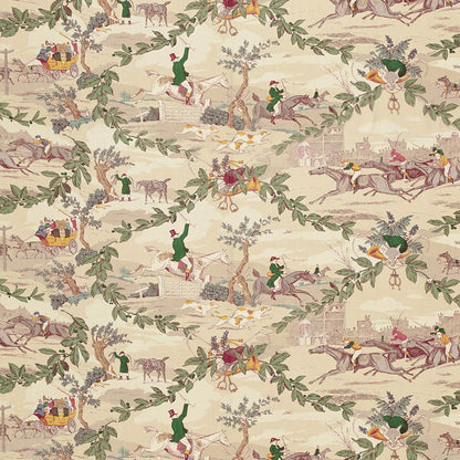 Cream toile fabric with hunting scenes and leafy garlands; horsemen, carriages, and trees in muted greens, reds, yellows.