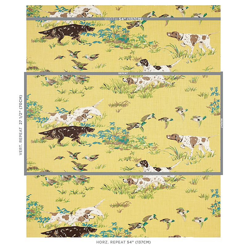 Yellow fabric featuring pointers and birds, greenery details, bordered repeat pattern for upholstery.