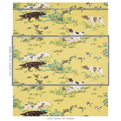 Yellow fabric featuring pointers and birds, greenery details, bordered repeat pattern for upholstery.