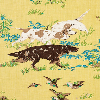 Yellow linen-style fabric print with a brown running dog, two white-brown dogs, green-blue foliage, and flying birds.