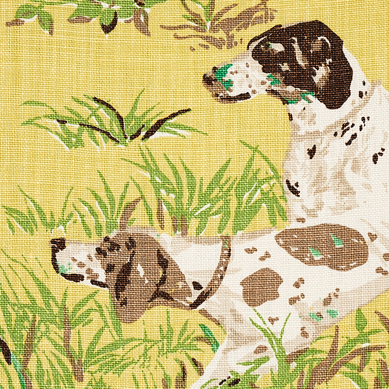 Two brown-spotted dogs on yellow with green grass; woven canvas print, vintage rustic dog motif.