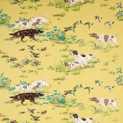 Yellow fabric print featuring brown-and-white pointers among green grasses & blue flowers in a whimsical outdoor pattern.