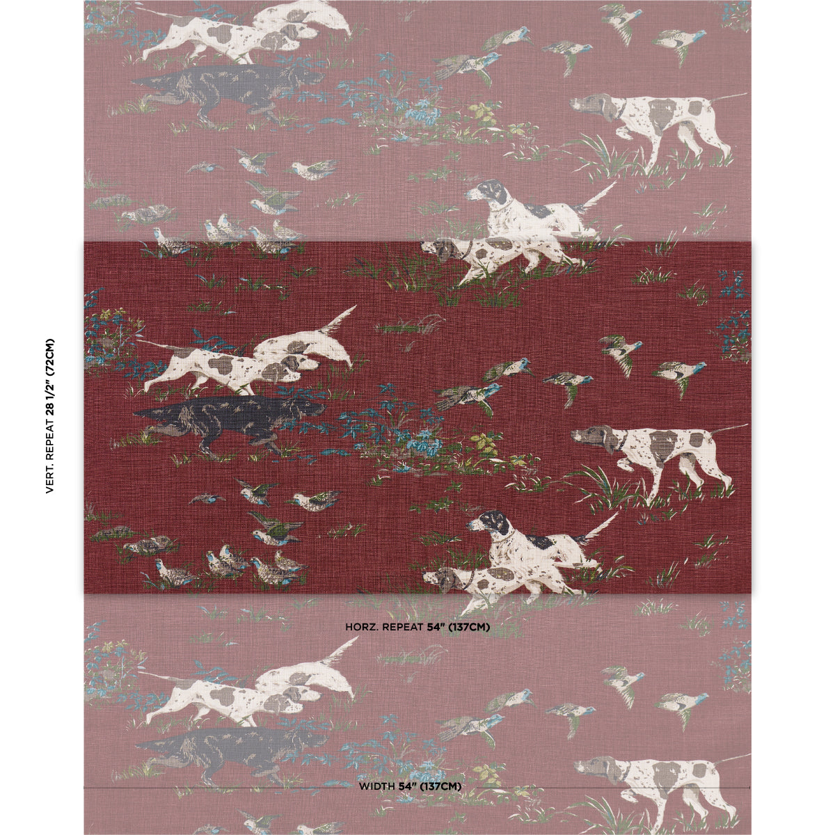 Fabric swatch featuring white pointers running across pink and burgundy bands, with blue-green foliage.