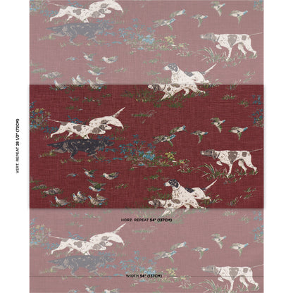 Fabric swatch featuring white pointers running across pink and burgundy bands, with blue-green foliage.