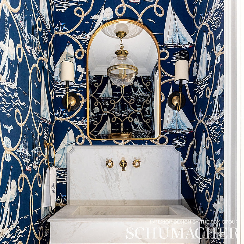 SCHUMACHER FABRIC  CLASSIC PRINTS SUMMER REGATTA LINEN PRINT   NAVY   - 175190