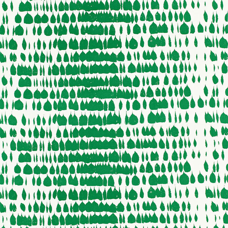 Green teardrop leaf pattern on white; bold botanical print for fabric or wallpaper.