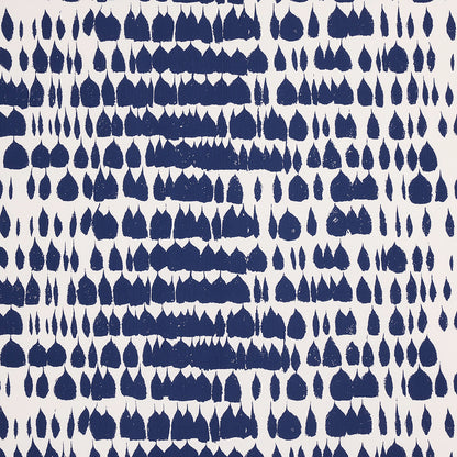 Dark navy teardrop shapes arranged in a dense repeating grid against a white backdrop; decorative textile print.