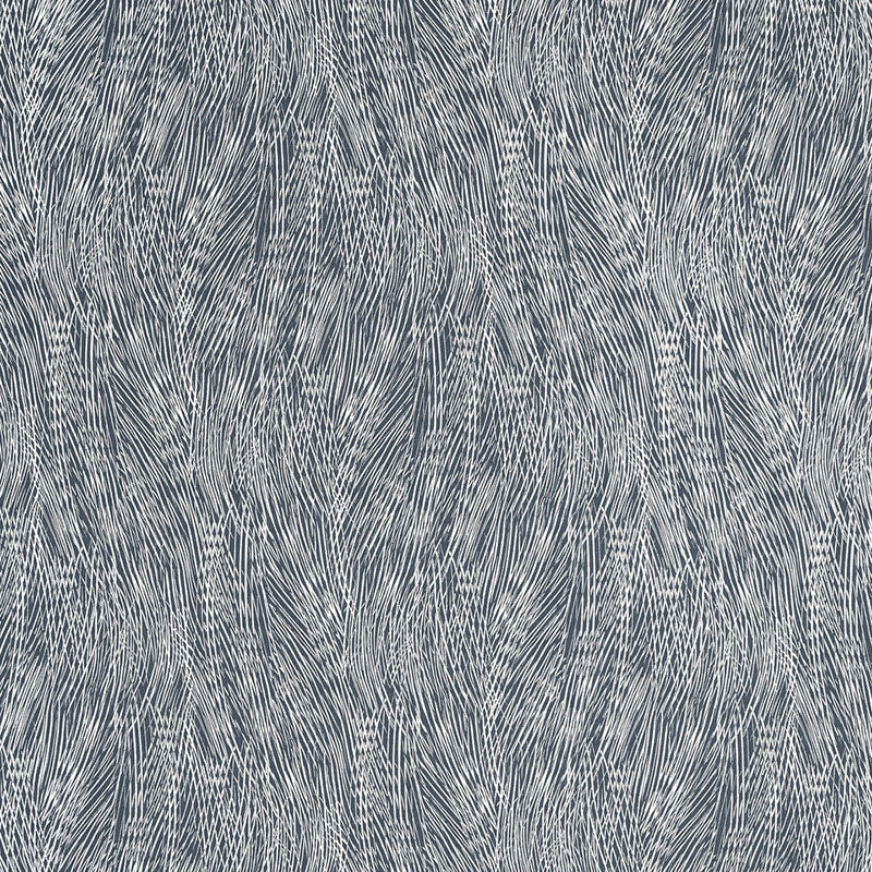 Blue and white fabric with fine, wavy stripe pattern and textured weave.