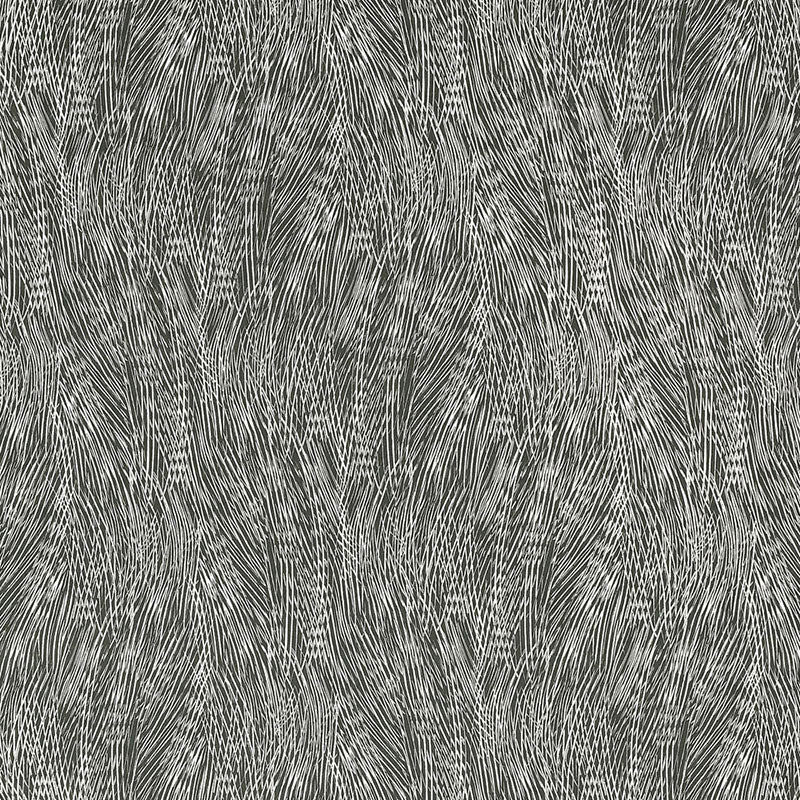 Gray textured fabric with wavy white thread-like pattern; marled look for clothing or upholstery.