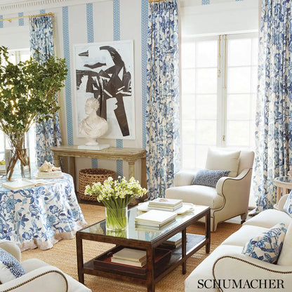 Schumacher Huntington Gardens Bleu Marine designer linen fabric featuring a large-scale blue botanical tree-of-life pattern by Timothy Corrigan. Luxury fabric for upholstery, drapery, pillows, roman shades, and elegant home décor.