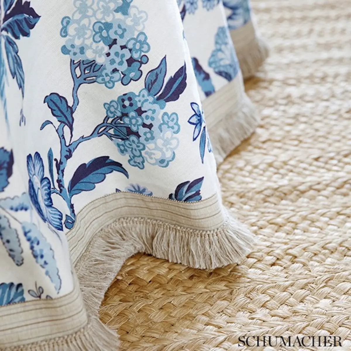 Schumacher Huntington Gardens Bleu Marine designer linen fabric featuring a large-scale blue botanical tree-of-life pattern by Timothy Corrigan. Luxury fabric for upholstery, drapery, pillows, roman shades, and elegant home décor.