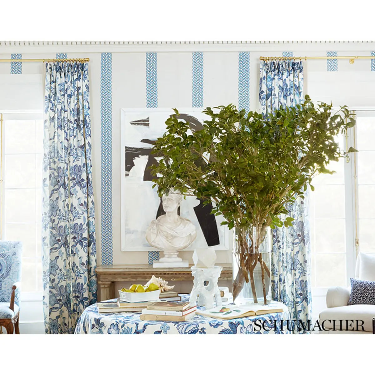 Schumacher Huntington Gardens Bleu Marine designer linen fabric featuring a large-scale blue botanical tree-of-life pattern by Timothy Corrigan. Luxury fabric for upholstery, drapery, pillows, roman shades, and elegant home décor.