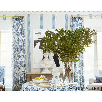 Schumacher Huntington Gardens Bleu Marine designer linen fabric featuring a large-scale blue botanical tree-of-life pattern by Timothy Corrigan. Luxury fabric for upholstery, drapery, pillows, roman shades, and elegant home décor.