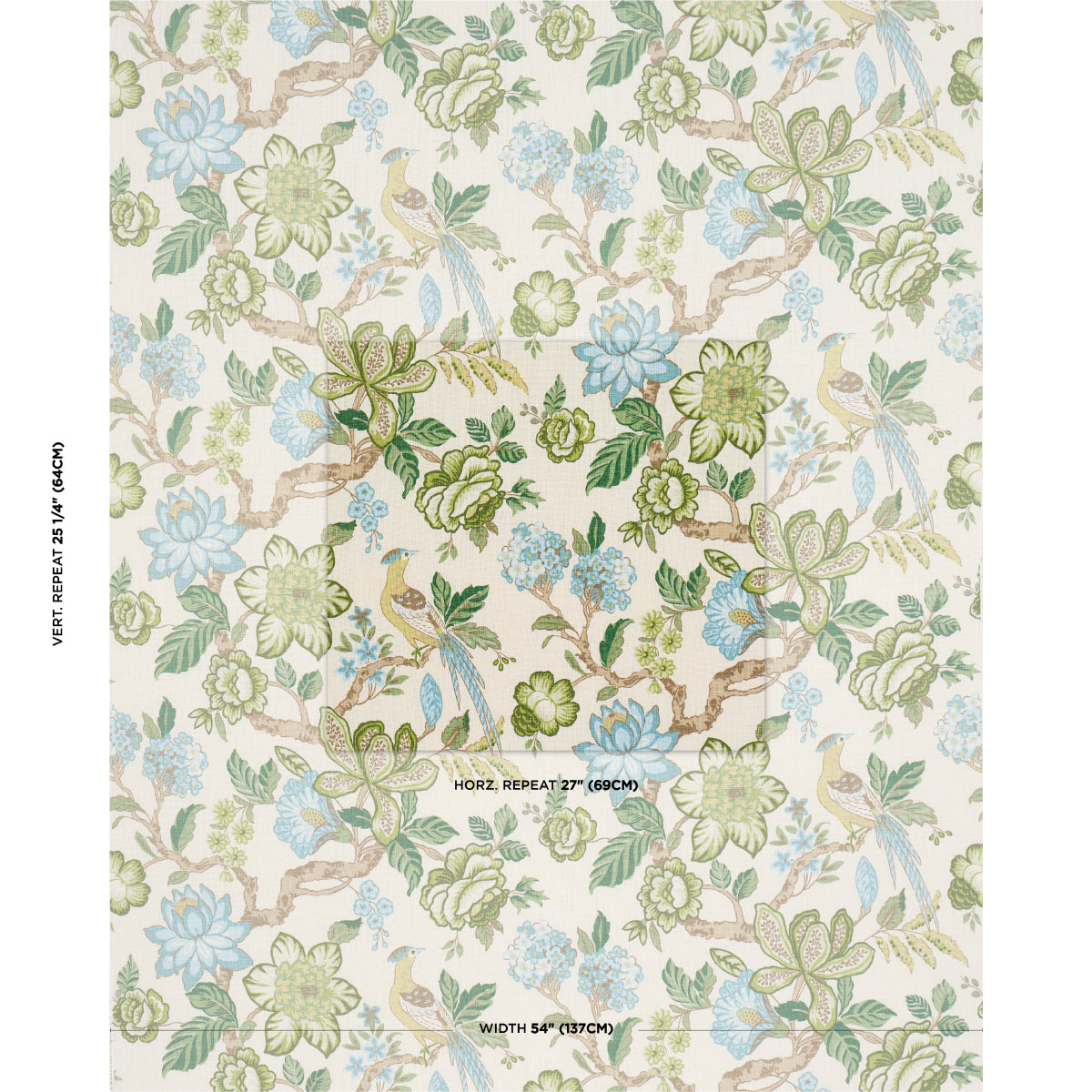 Pastel botanical prints featuring green and blue flowers with beige vines in a repeating motif.