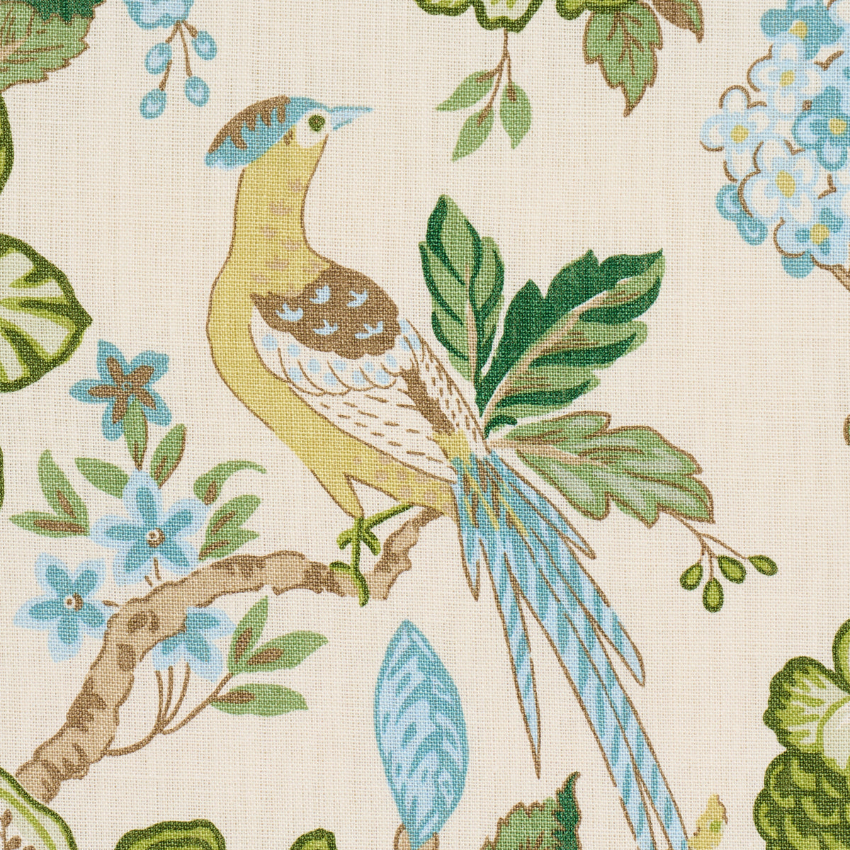 Parrot print featuring a yellow parrot with a long blue tail perched among green leaves and blue flowers on a beige background.