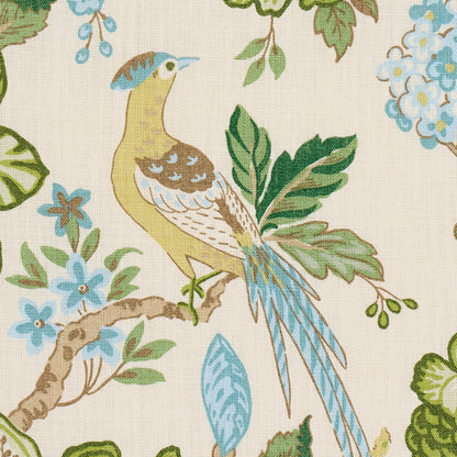 Parrot print featuring a yellow parrot with a long blue tail perched among green leaves and blue flowers on a beige background.