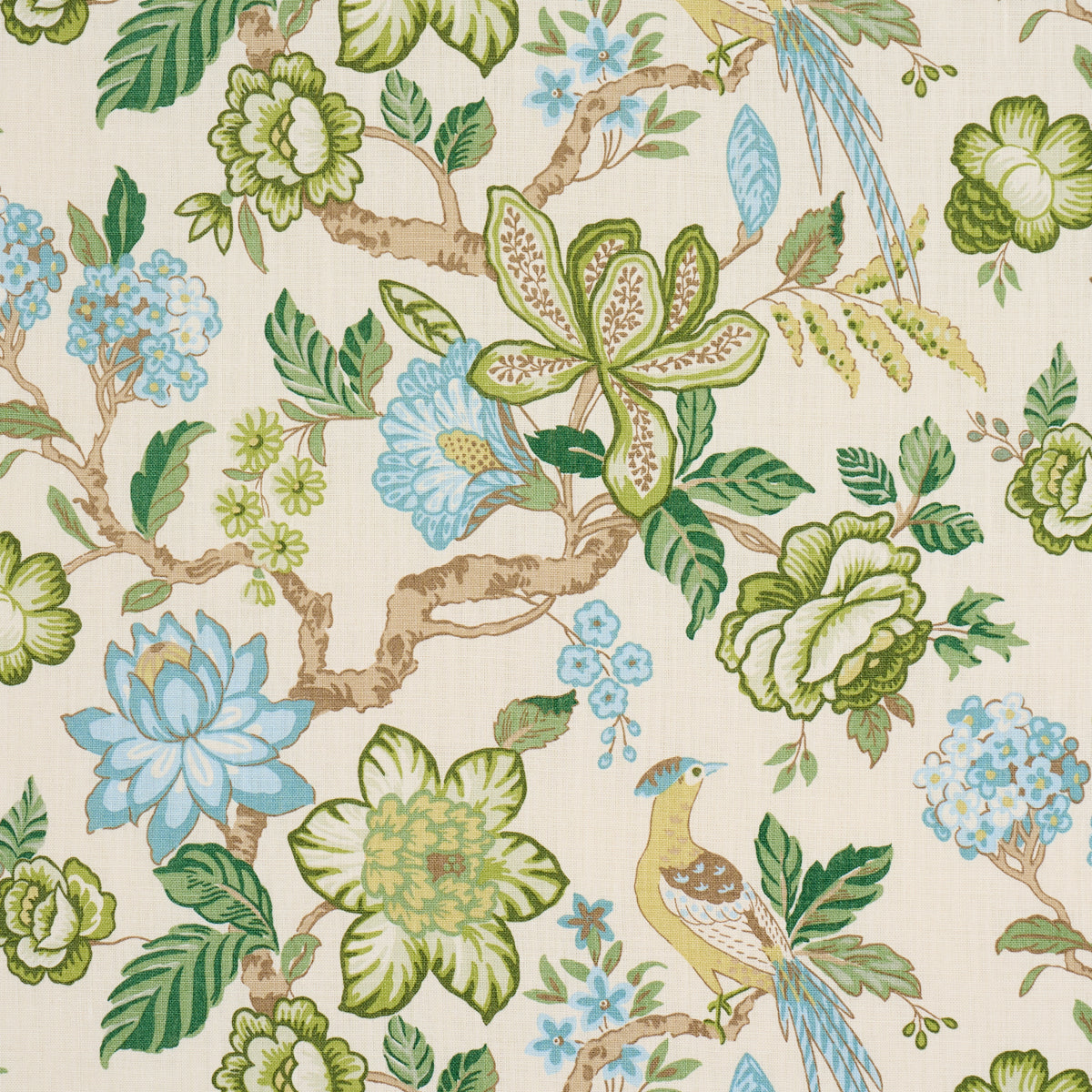 Cream fabric print featuring green, blue, and yellow florals with small yellow-blue birds on vines.