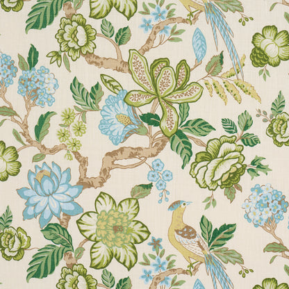 Cream fabric print featuring green, blue, and yellow florals with small yellow-blue birds on vines.