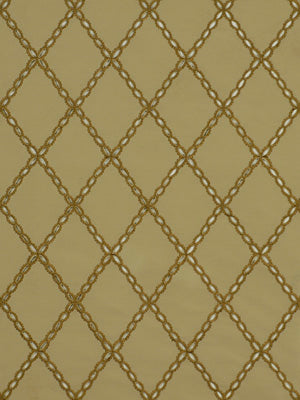 Beige fabric with a repeating gold braided rope diamond lattice pattern.