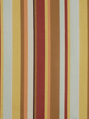 Vertical multicolor stripe pattern in warm yellows, golds, ambers, browns and reds; upholstery fabric.
