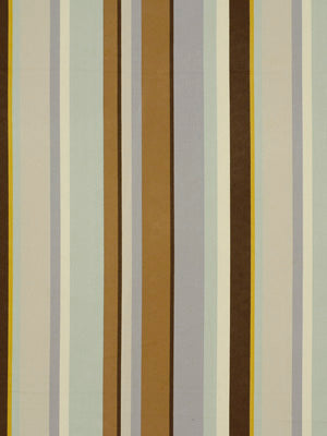 Vertical striped pattern in beige, tan, brown, gray and pale blue; upholstery fabric for modern decor.