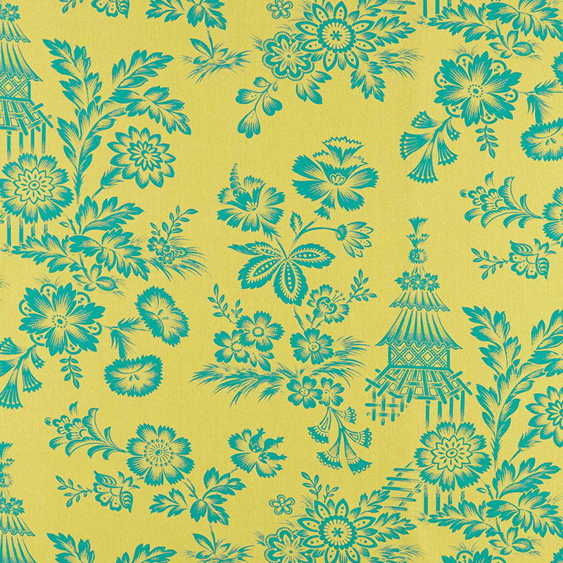 Yellow fabric with turquoise damask florals & pagoda motifs in a chinoiserie pattern.