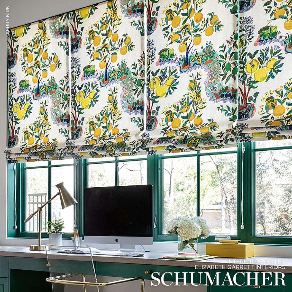 Schumacher Citrus Garden designer linen fabric in Primary featuring colorful citrus trees and botanical floral motifs for upholstery, drapery, Roman shades, pillows, and luxury interior design projects.
