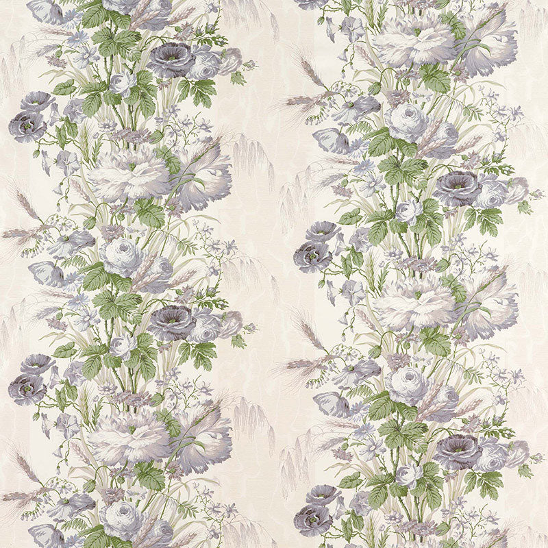 Beige wallpaper with vertical floral motifs of lavender-purple roses and green leaves in a vintage botanical pattern.