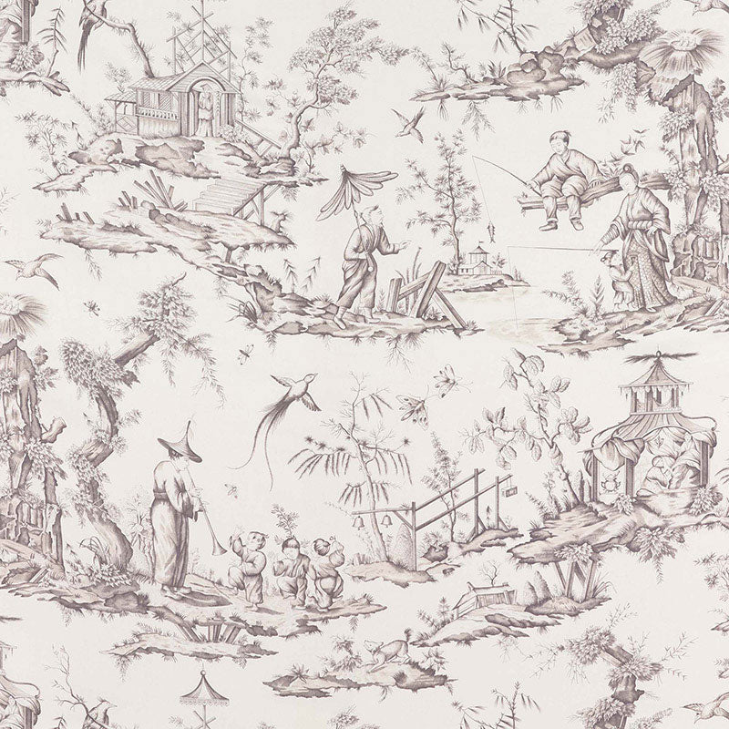 Beige toile wallpaper with brown-grey Chinese pastoral scenes: pagoda, pavilion, fishermen, bridges, trees.