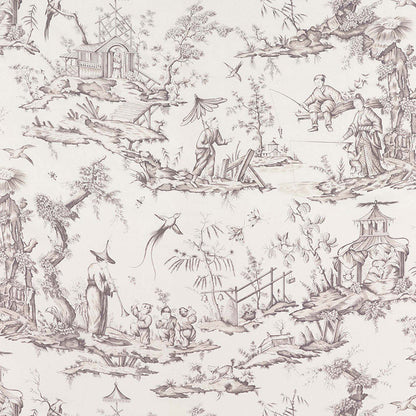 Beige toile wallpaper with brown-grey Chinese pastoral scenes: pagoda, pavilion, fishermen, bridges, trees.