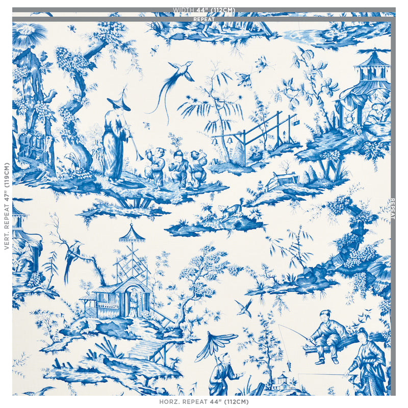 Blue-and-white toile fabric featuring pastoral scenes with pagodas, people, trees & birds; ideal for upholstery or drapery.