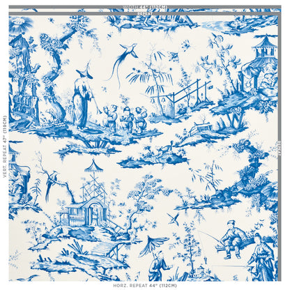 Blue-and-white toile fabric featuring pastoral scenes with pagodas, people, trees & birds; ideal for upholstery or drapery.
