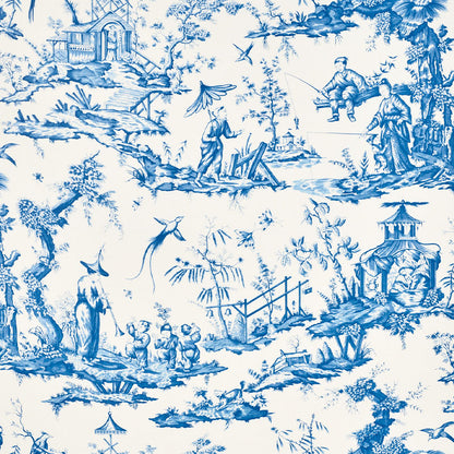 Blue-and-white toile pattern of pastoral scenes with villagers, pagoda, bridge and birds for fabric or wallpaper.